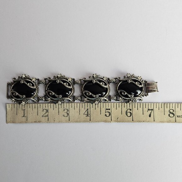 Vtg Style Gothic Faux Onyx & Rhinestone Bracelet Ornate Silver-Tone Setting, 7" - Picture 4 of 16